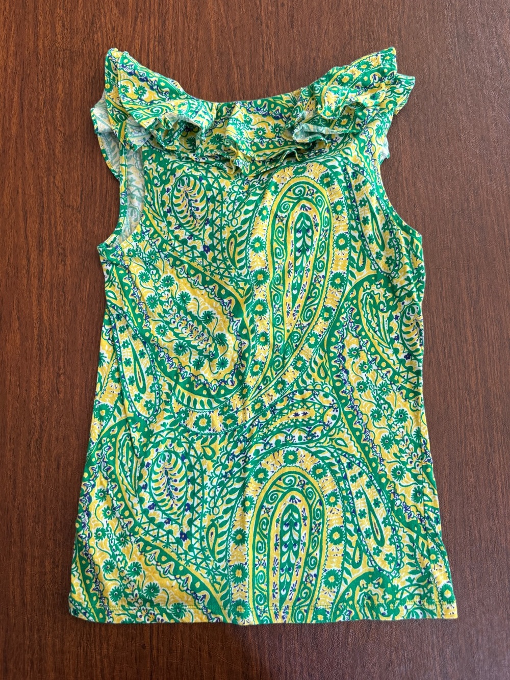 Ralph Lauren Green and Yellow Paisley Ruffle Lined Neck Top - Picture 2 of 3